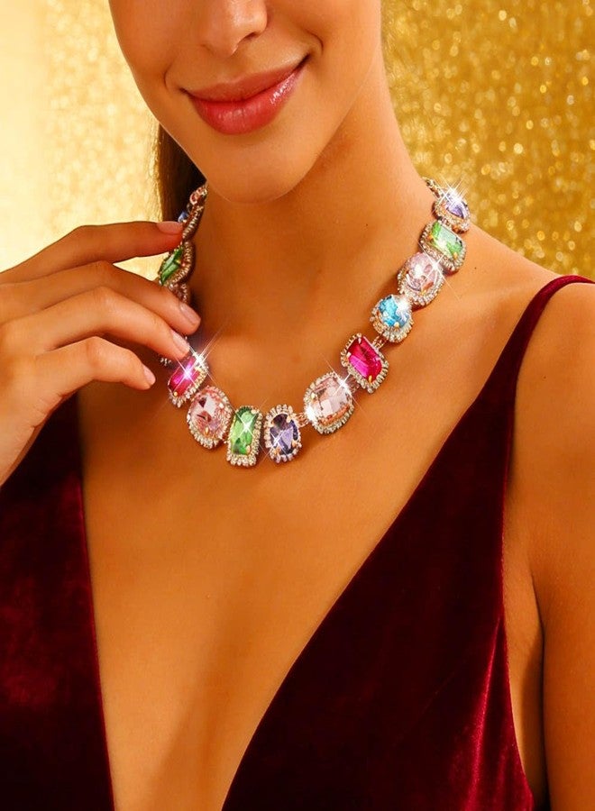 CLOACE Colorful Crystal Choker Necklace Sparkly Rhinestone Chokers Necklaces Chain Party Prom Neck Jewelry for Women (square) - Image 4