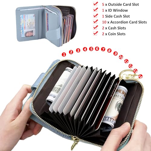 Beurlike Women's RFID Credit Card Wallet Organizer Case Leather Ladies Small Security Card Holder(Upgrade a (10 Accordion/Key Ring) - Light Blue) - Image 4