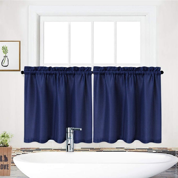 KITCHEN CAFE CURTAINSWAFFLE WEAVE TEXTURED TAILORED SHORT CURTAINS FOR BATHROOM WATERPROOF WINDOW COVERING TIER CURTAINS 30 X 24 NAVY BLUE SET OF 2