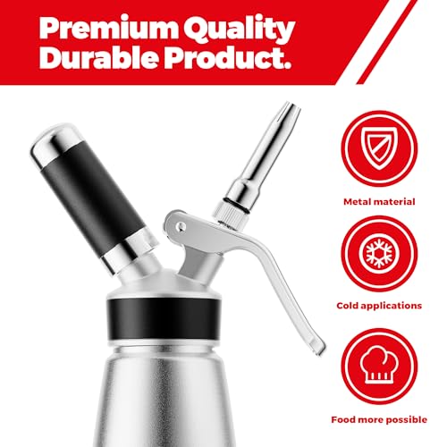 OSJ COOK Professional Aluminum Whipped Cream Dispenser - 500 mL/1 Pint,Leak-Free Whipped Cream Maker Canister with 8 Decorating Nozzles & Cleaning Brush - N2O Chargers (Not Included) (Silver, 500ml) - Image 3