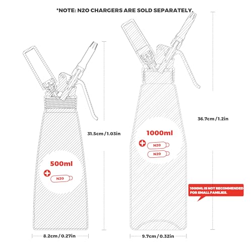 OSJ COOK Professional Aluminum Whipped Cream Dispenser - 500 mL/1 Pint,Leak-Free Whipped Cream Maker Canister with 8 Decorating Nozzles & Cleaning Brush - N2O Chargers (Not Included) (Silver, 500ml) - Image 2