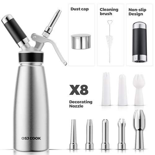 OSJ COOK Professional Aluminum Whipped Cream Dispenser - 500 mL/1 Pint,Leak-Free Whipped Cream Maker Canister with 8 Decorating Nozzles & Cleaning Brush - N2O Chargers (Not Included) (Silver, 500ml) - Image 5