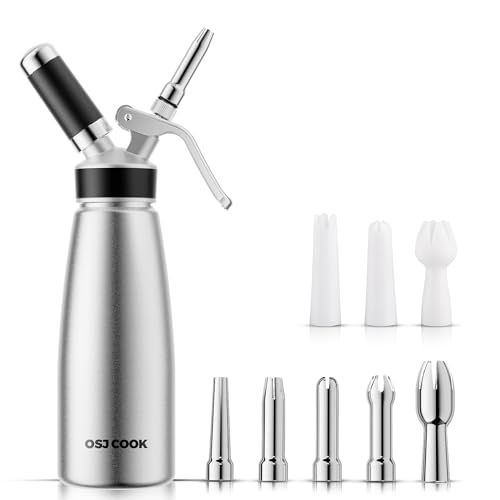 OSJ COOK Professional Aluminum Whipped Cream Dispenser - 500 mL/1 Pint,Leak-Free Whipped Cream Maker Canister with 8 Decorating Nozzles & Cleaning Brush - N2O Chargers (Not Included) (Silver, 500ml) - Image 1