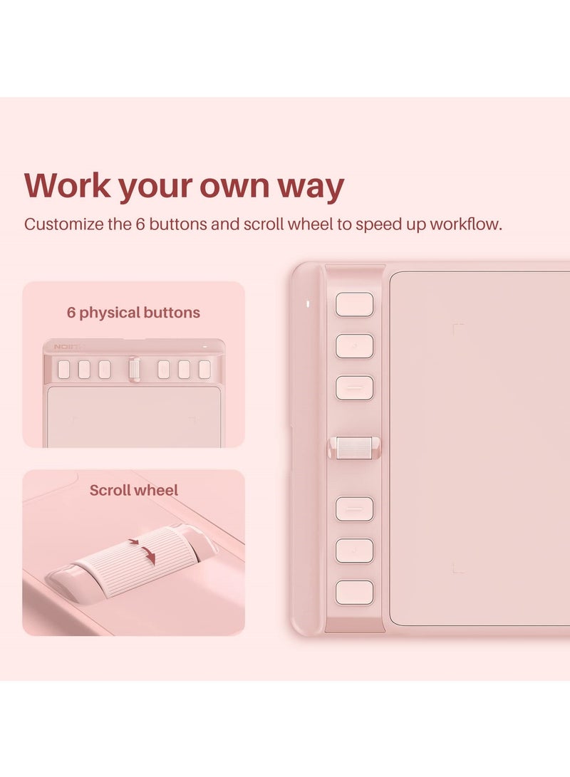 6x4 Inches Drawing Tablet, Digital Drawing Art Pad with 6 Shortcut Keys,Battery-Free 8192 Passive Stylus，Computer Graphic Pen Tablet Work for Mac, Windows PC and AndroidPink