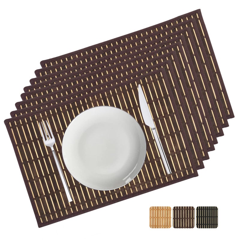ANDSTAR Set of 8 Pcs Bamboo Placemats with Fabric Border Sushi Rolling Mat Japanese Style Natural AntiSlip Bamboo Placemats Washable HeatResistant Table Mats for Dining Room and KitchenBrown