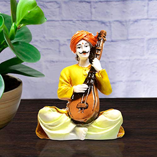 Karigaari India Handcrafted Rajasthani Traditional Men Figurine Playing Veena Idol Showpiece Ethnic Indian Sculpture Home Decoration Living Room Office Tabletop Decorative Handmade Art Gift - Image 1