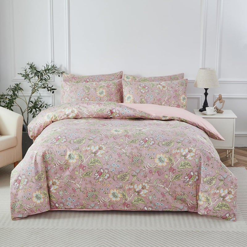 URBONUR Floral Duvet Cover Queen 100% Cotton Botanical Garden Flower Printed Bedding Reversible Pink Branches Leaves Pattern Comforter Covers French Country Bedding - Image 1