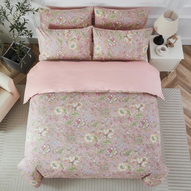 URBONUR Floral Duvet Cover Queen 100% Cotton Botanical Garden Flower Printed Bedding Reversible Pink Branches Leaves Pattern Comforter Covers French Country Bedding - Image 3