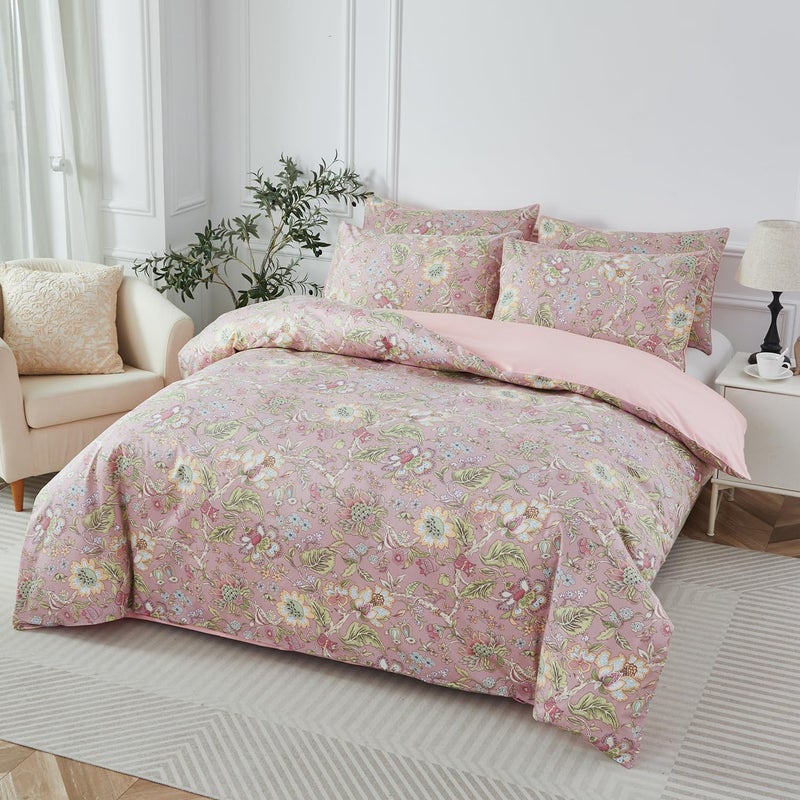 URBONUR Floral Duvet Cover Queen 100% Cotton Botanical Garden Flower Printed Bedding Reversible Pink Branches Leaves Pattern Comforter Covers French Country Bedding - Image 2