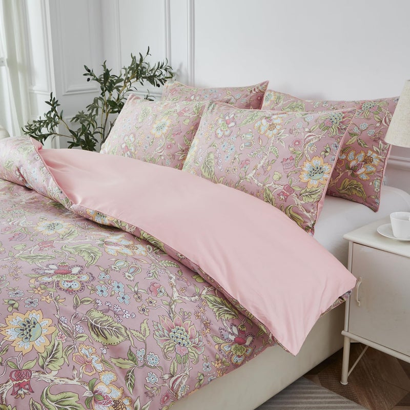 URBONUR Floral Duvet Cover Queen 100% Cotton Botanical Garden Flower Printed Bedding Reversible Pink Branches Leaves Pattern Comforter Covers French Country Bedding - Image 4