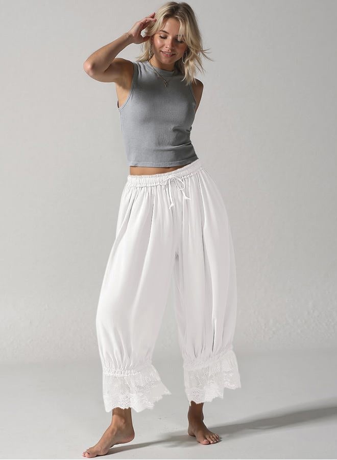 TARSE Women Linen Lace Trim Long Bloomers Pants Ruffle Victorian Vintage Pantaloons Summer Beach Travel Vacation Pants, White, XL - Image 4