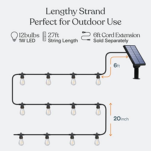 Brightech Ambience Pro Solar Powered Outdoor String Lights, 27ft Remote Control Commercial Grade Waterproof Patio Lights, 12 Edison Bulbs, Shatterproof LED String Lights for Outside - 1W Soft White - Image 3