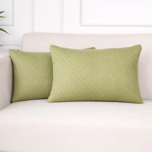 STITCHNEST Quilted Velvet Cushion Covers Set of 2 | Soft Mehndi | 12x18 Inches | Premium Sofa & Living Room Décor - Image 1