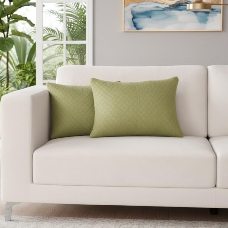 STITCHNEST Quilted Velvet Cushion Covers Set of 2 | Soft Mehndi | 12x18 Inches | Premium Sofa & Living Room Décor - Image 4
