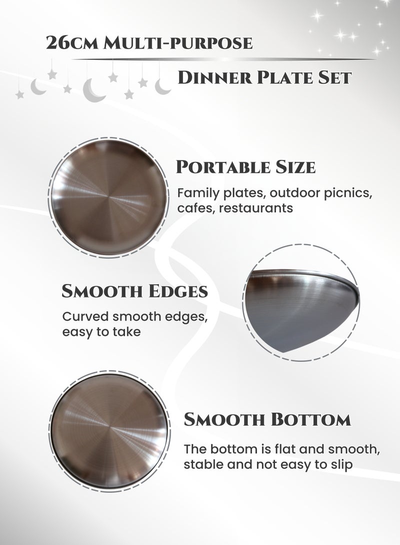 2 قطعة 26 سم مجموعة 304 أطباق عشاء مستديرة من الفولاذ المقاوم للصدأ ، خالية من الصدأ ، آمنة للغسل في غسالة الصحون ، طبق شواء ، طبق ستيك ، طبق حلوى ، صينية مسطحة القاع ، لوحة نزهة ، مضادة للصدأ ، متينة ، ناعمة ، لامعة ، تستخدم لتناول الطعام اليومي للعائلة ، التخييم في الهواء الطلق ، طلاء المطعم (حجم كبير ، 26 سم) - Image 3