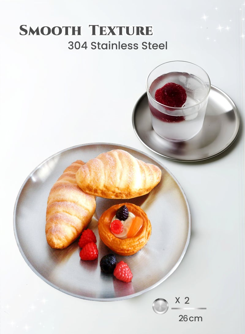 2 قطعة 26 سم مجموعة 304 أطباق عشاء مستديرة من الفولاذ المقاوم للصدأ ، خالية من الصدأ ، آمنة للغسل في غسالة الصحون ، طبق شواء ، طبق ستيك ، طبق حلوى ، صينية مسطحة القاع ، لوحة نزهة ، مضادة للصدأ ، متينة ، ناعمة ، لامعة ، تستخدم لتناول الطعام اليومي للعائلة ، التخييم في الهواء الطلق ، طلاء المطعم (حجم كبير ، 26 سم) - Image 1