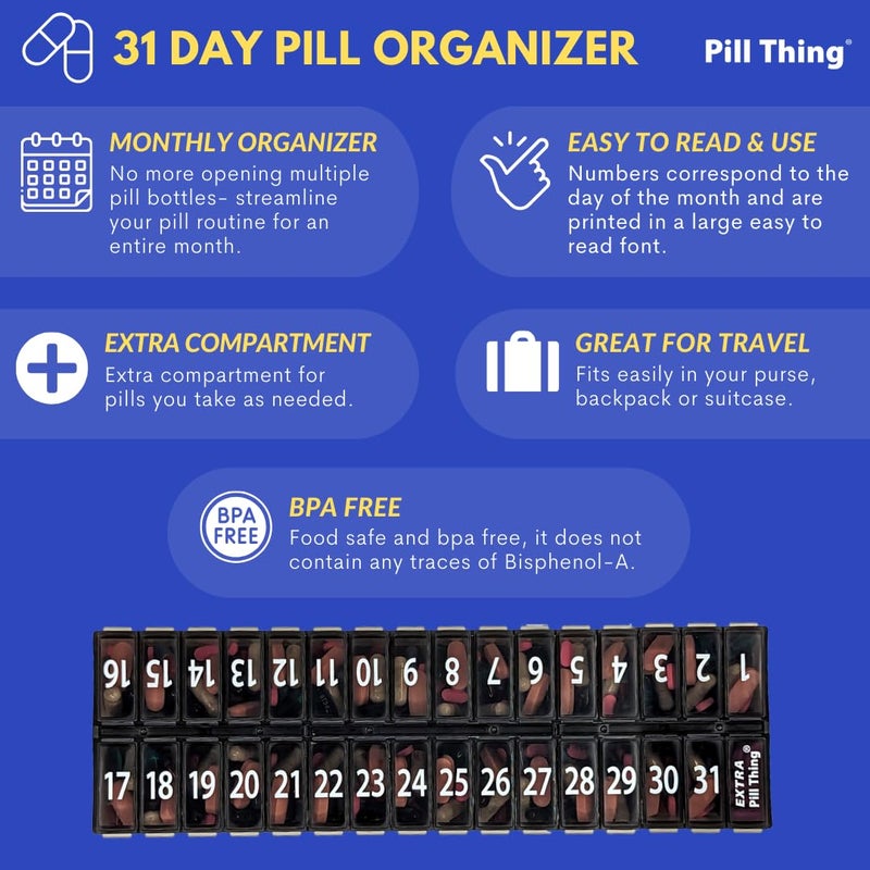 pill thing Once-a Day Monthly Pill Organizer Removable Lid for Easy Loading - Large Compartment Pill Box Medications for Entire Month Plus a Compartment for Extra Pills BPA Free - Image 2