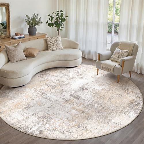 WondRg 8x8 Washable Round Rug Beige Grey Abstract Living Room Bedroom Area Rug Neutral Modern Non Slip Soft Low Pile Indoor Carpet for Dining Room Office Entryway - Image 1