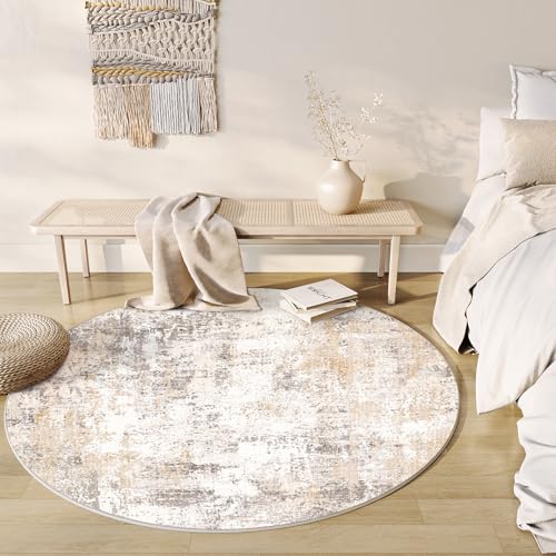 WondRg 8x8 Washable Round Rug Beige Grey Abstract Living Room Bedroom Area Rug Neutral Modern Non Slip Soft Low Pile Indoor Carpet for Dining Room Office Entryway - Image 2