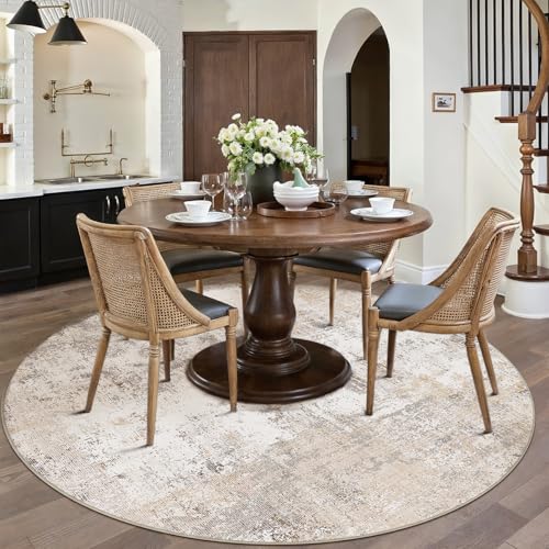 WondRg 8x8 Washable Round Rug Beige Grey Abstract Living Room Bedroom Area Rug Neutral Modern Non Slip Soft Low Pile Indoor Carpet for Dining Room Office Entryway - Image 3