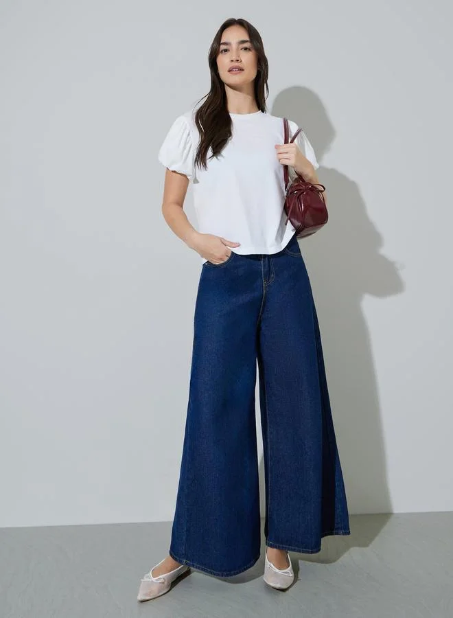 ستايلي White Solid Puff Sleeve Regular Fit T-shirt