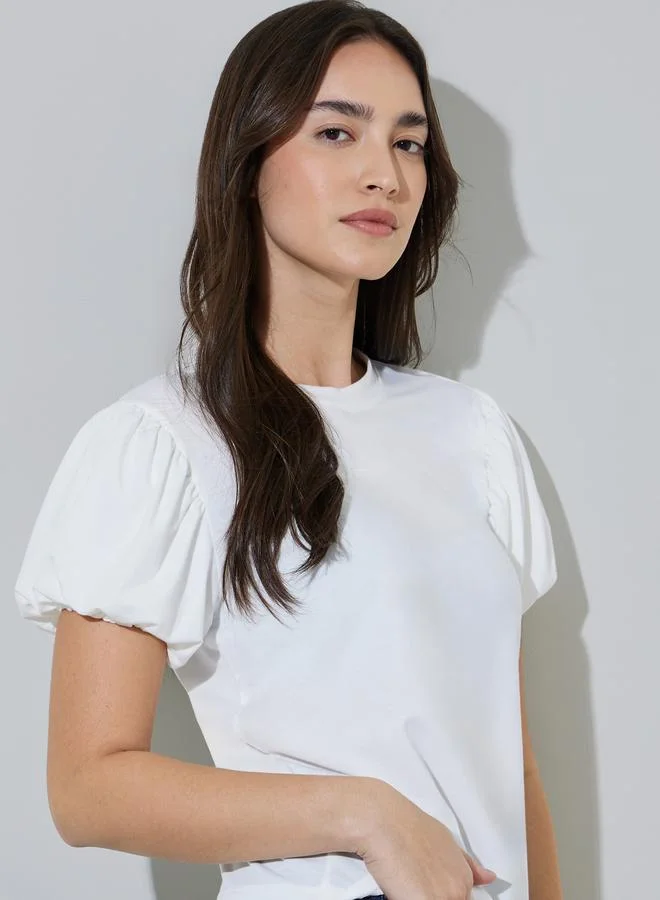 ستايلي White Solid Puff Sleeve Regular Fit T-shirt