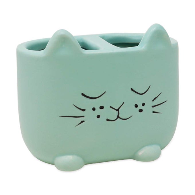 BLUE CERAMIC CAT MAKEUP BRUSH HOLDER MULTIPURPOSE 2SECTION ORGANIZER BATHROOM KITCHEN BEDROOM OFFICE DCOR 2SECTION CUP PASTEL BLUE