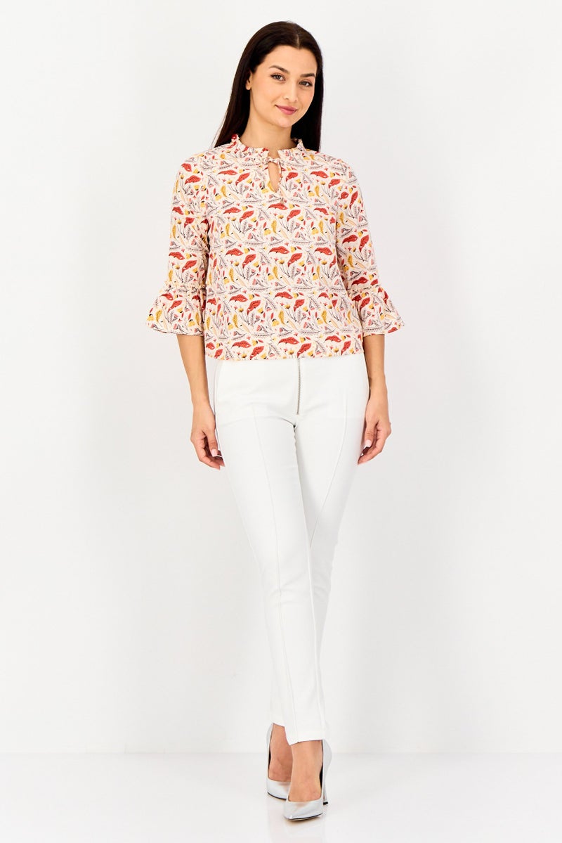 VERO MODA بلوزة نسائية من فيرو مودا بتصميم مزهر مع رباط عنق وأكمام طويلة، متعددة الألوان - Image 4