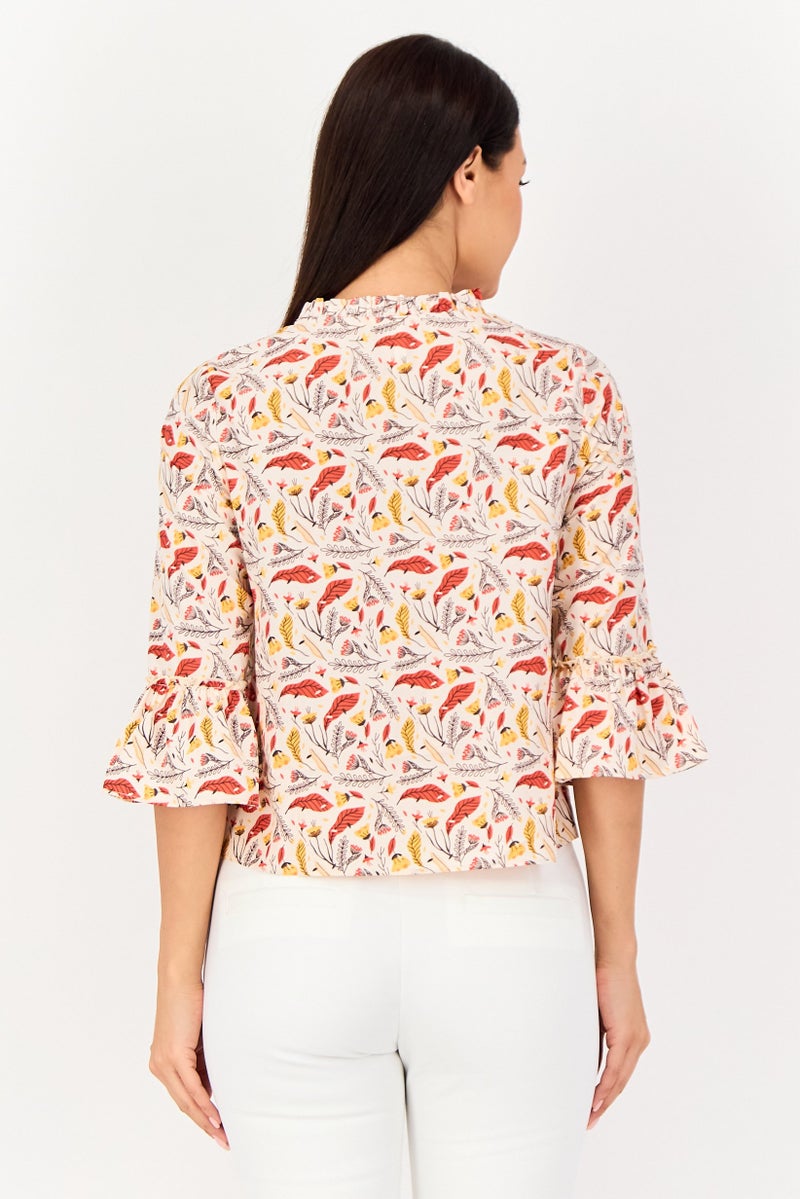 VERO MODA بلوزة نسائية من فيرو مودا بتصميم مزهر مع رباط عنق وأكمام طويلة، متعددة الألوان - Image 2