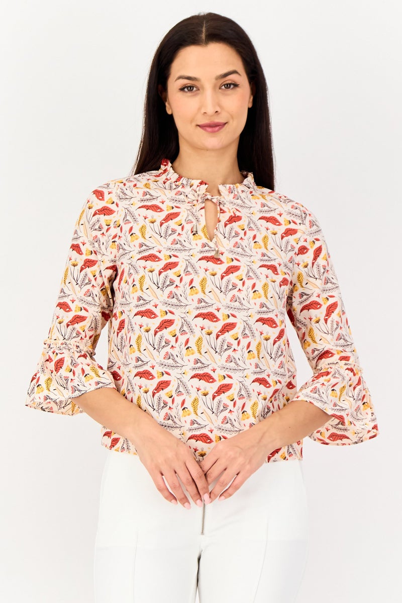 VERO MODA بلوزة نسائية من فيرو مودا بتصميم مزهر مع رباط عنق وأكمام طويلة، متعددة الألوان - Image 1