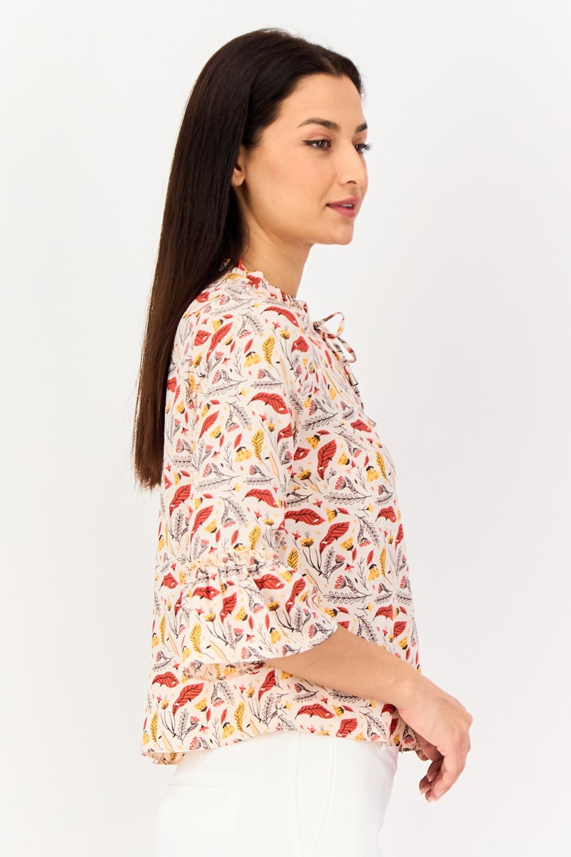 VERO MODA بلوزة نسائية من فيرو مودا بتصميم مزهر مع رباط عنق وأكمام طويلة، متعددة الألوان - Image 3