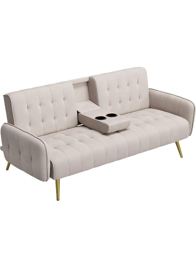 Poppins Home Living Space Apartment Dorm Office Convertible Couch Removable Armrests Gray Sofa Bed with 2 Cup Holders (Beige)