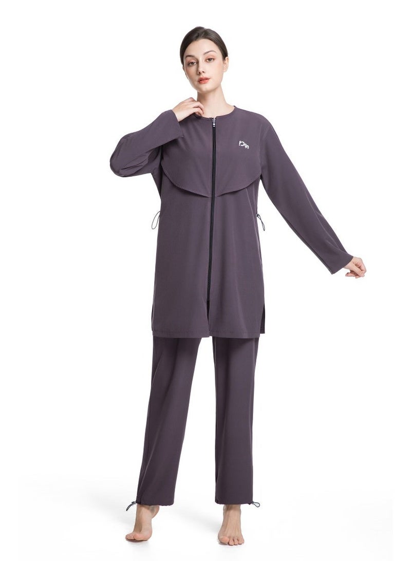 3-Piece Muslim Women's Conservative Swimwear Set Summer Casual Comfortable UV Protection Long Sleeve Zip-Up Swimsuit Lightweight Beach Attire - Image 4
