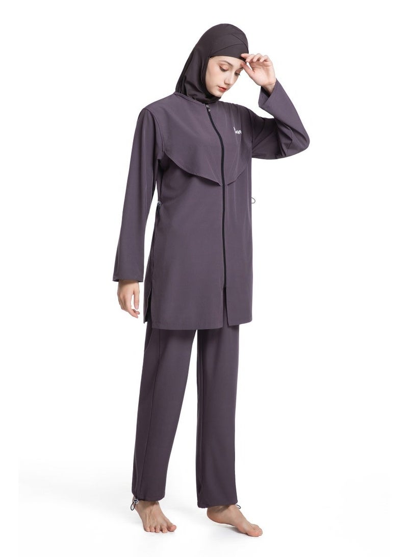 3-Piece Muslim Women's Conservative Swimwear Set Summer Casual Comfortable UV Protection Long Sleeve Zip-Up Swimsuit Lightweight Beach Attire - Image 2