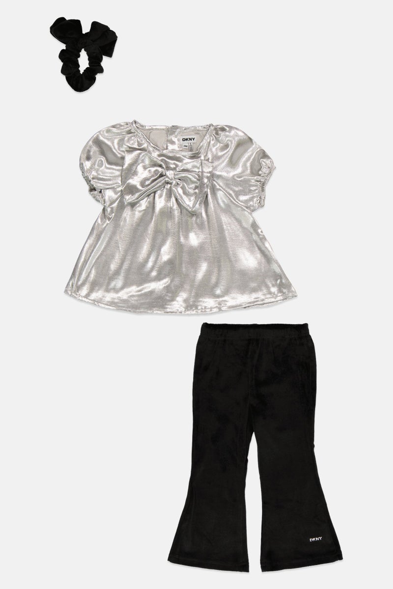 Dized Toddlers Girl 3 Piece Hair Scrunchie, Top And Pant Set, Multicolor - Image 1