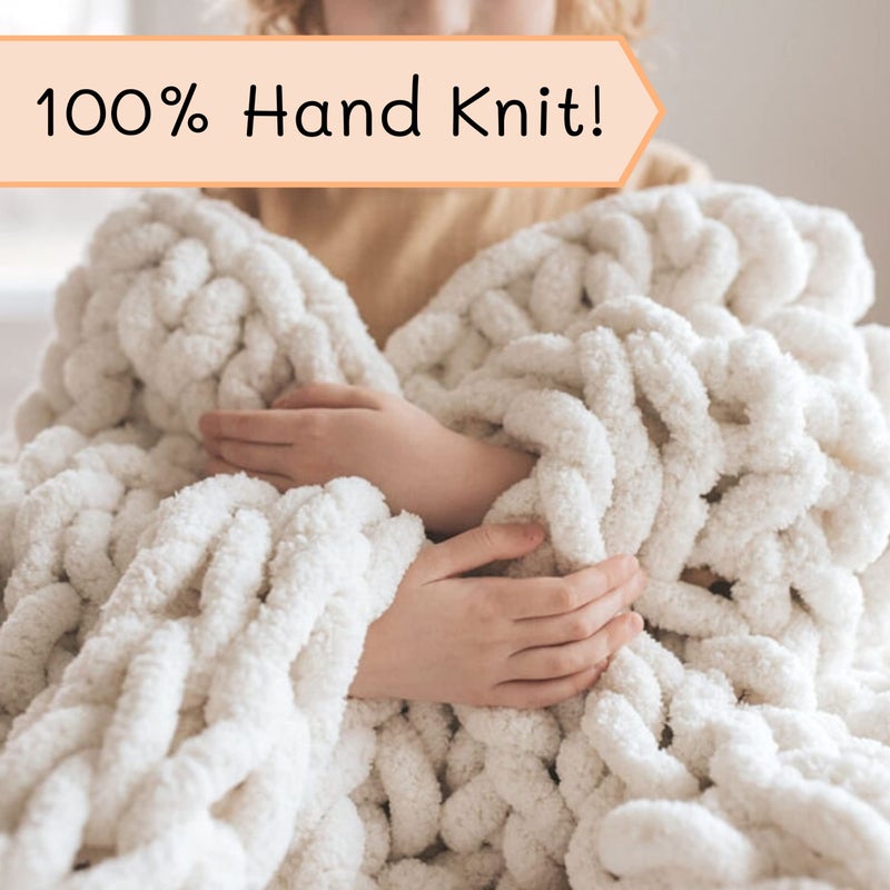 Adyrescia Adyrescia Chunky Knit Blanket Throw | 100% Hand Knit with Jumbo Chenille Yarn (30""x40""  Cream White) - Image 3