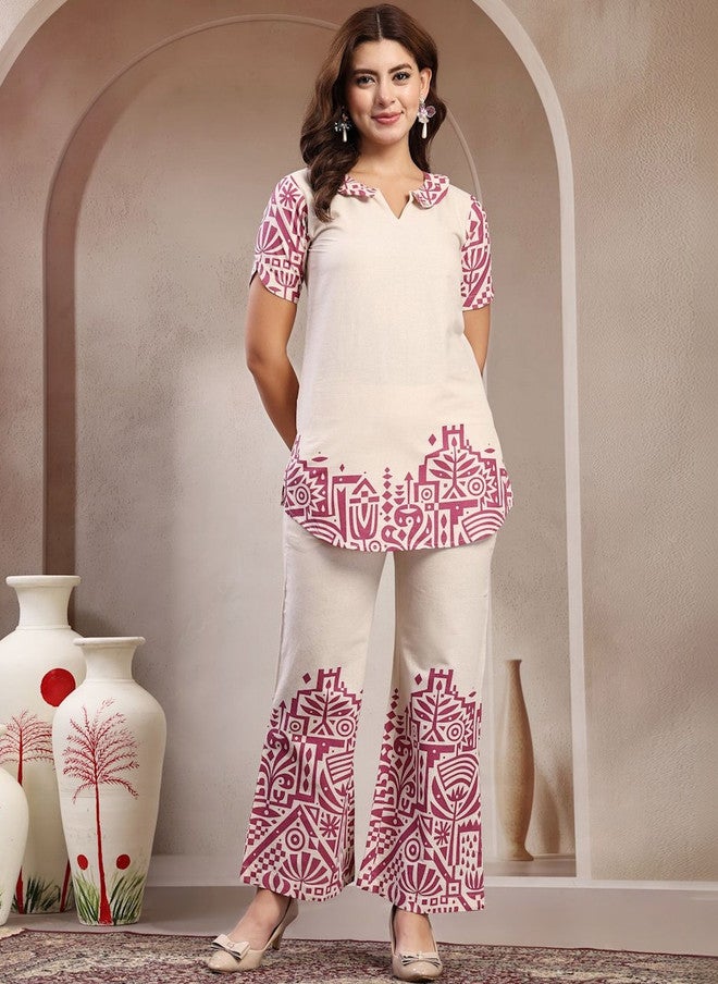 Indibelle Printed Pure Cotton Round Neck Tunic with Trouser Set - Image 5