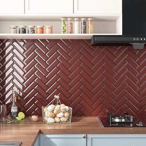 Wallderful Red Herringbone Peel and Stick Backsplash for Kitchen Wall Waterproof Stick on Tile Vintage 3D Wall Tiles Renter Friendly Backsplash Self Adhesive Back Splash for Bathroom Shower Walls - Image 1