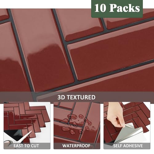 Wallderful Red Herringbone Peel and Stick Backsplash for Kitchen Wall Waterproof Stick on Tile Vintage 3D Wall Tiles Renter Friendly Backsplash Self Adhesive Back Splash for Bathroom Shower Walls - Image 5