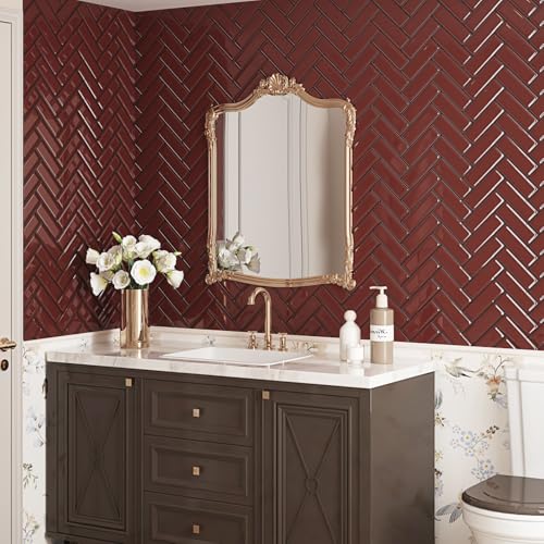 Wallderful Red Herringbone Peel and Stick Backsplash for Kitchen Wall Waterproof Stick on Tile Vintage 3D Wall Tiles Renter Friendly Backsplash Self Adhesive Back Splash for Bathroom Shower Walls - Image 2