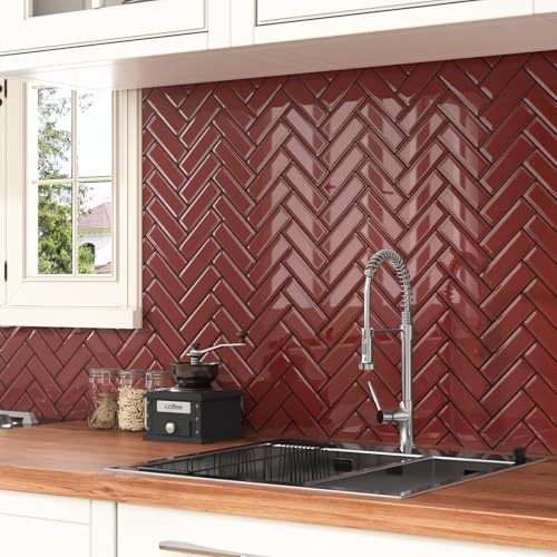 Wallderful Red Herringbone Peel and Stick Backsplash for Kitchen Wall Waterproof Stick on Tile Vintage 3D Wall Tiles Renter Friendly Backsplash Self Adhesive Back Splash for Bathroom Shower Walls - Image 3
