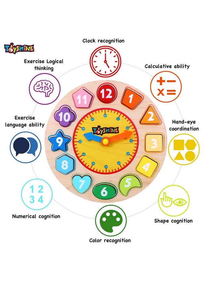 Toyshine Toyshine Wooden Premium Learning Clock, Educational Digital Analog Numbers, Shape & Color Learning Montessori Toy for Kids- Multi Color  - Image 2