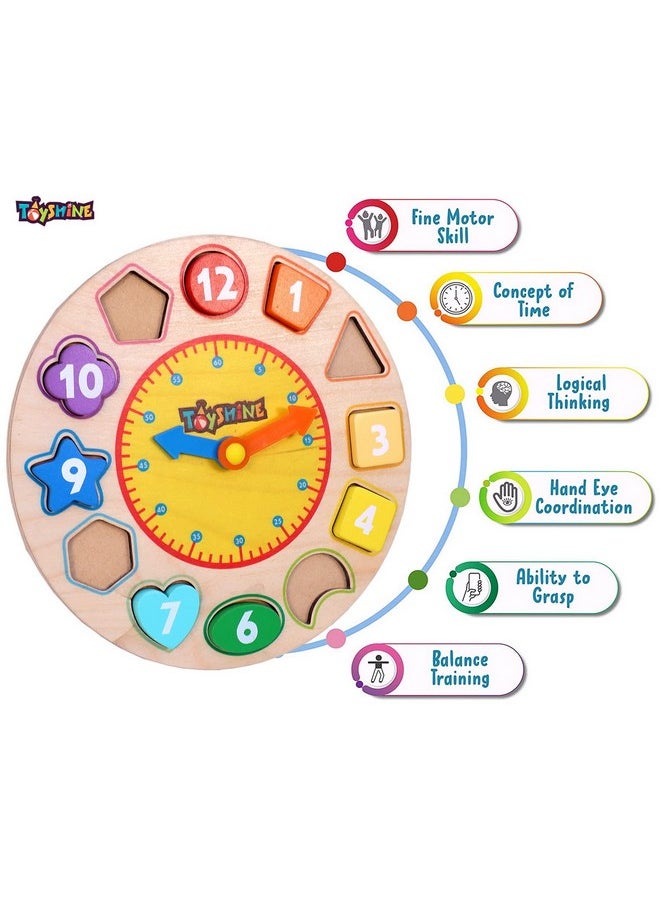 Toyshine Toyshine Wooden Premium Learning Clock, Educational Digital Analog Numbers, Shape & Color Learning Montessori Toy for Kids- Multi Color  - Image 3
