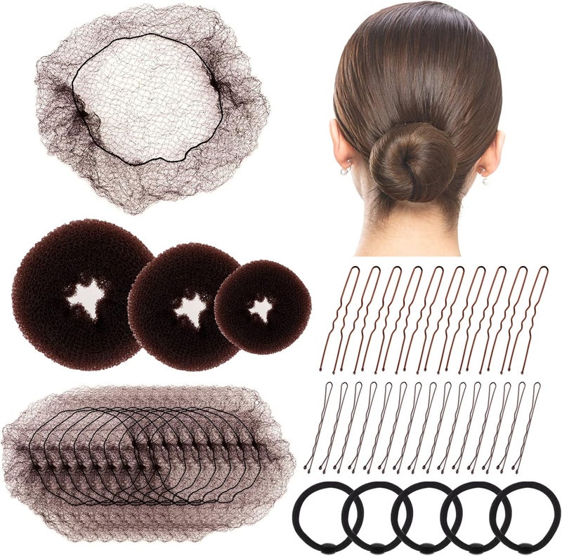 Hair Bun Net 68PCS Easy Hair Styling Tools Include Ballet Hair Nets Hair Doughnut U Shaped Hair Pins Bobby Pins and Hair Bands Hair Bun Maker Brown Bun Rings for Women Girls Hair Accessories