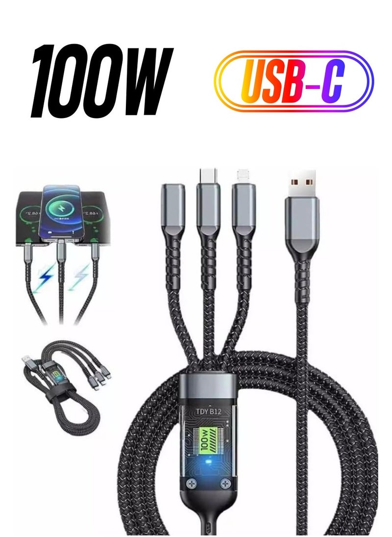 Raxoom 3-in-1 Multi Charger Cable â€“ 1.2M Fast Charging Nylon Braided USB Cable with Micro USB, Type C, and Lightning Connectors for Samsung, Huawei, OnePlus, Kindle, LG, Android & More - Image 1