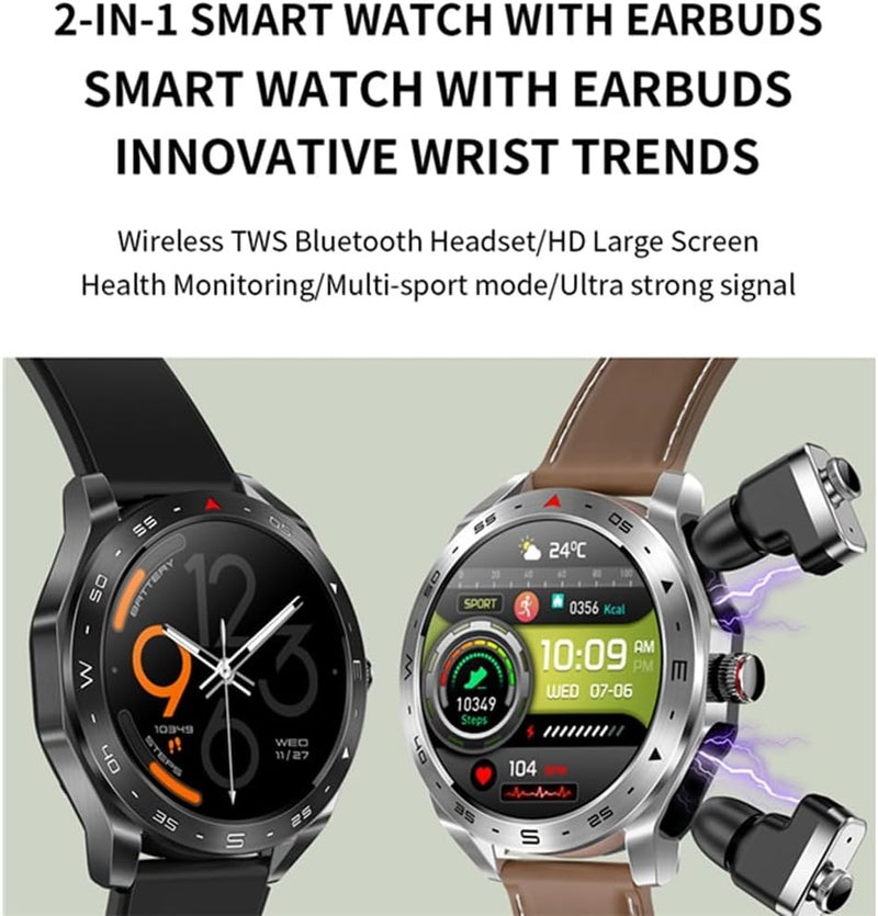 T95 Smart Watch with Earbuds for iPhone & Android - 1.52 Inch Round Bluetooth Call, Fitness Tracker, Long Standby, Music Watch (Black), Black Leather Strap + TPU Strap - Image 2