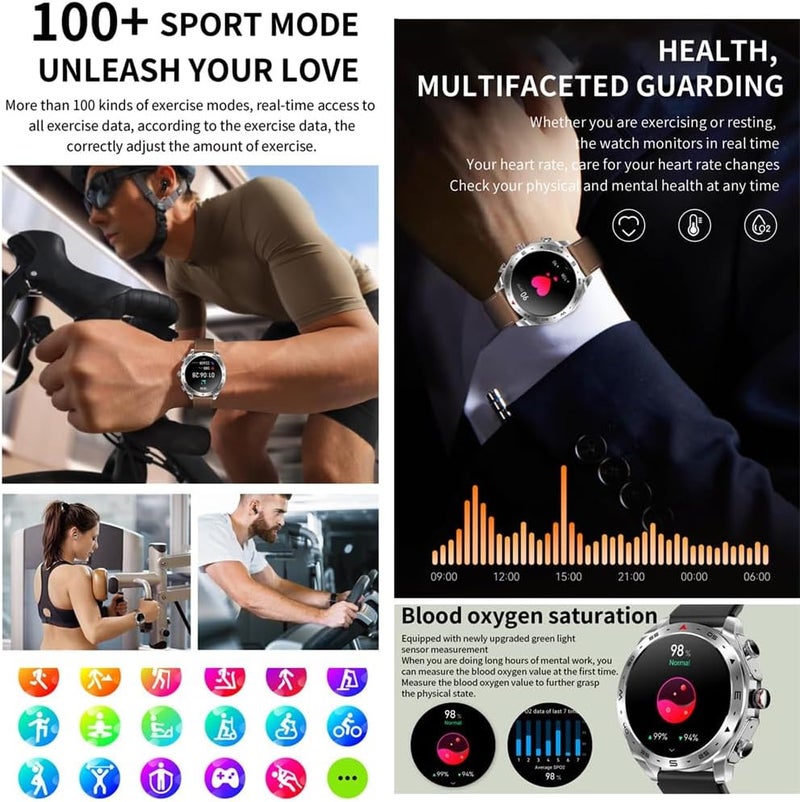 T95 Smart Watch with Earbuds for iPhone & Android - 1.52 Inch Round Bluetooth Call, Fitness Tracker, Long Standby, Music Watch (Black), Black Leather Strap + TPU Strap - Image 4