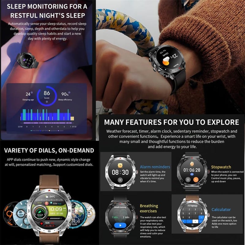 T95 Smart Watch with Earbuds for iPhone & Android - 1.52 Inch Round Bluetooth Call, Fitness Tracker, Long Standby, Music Watch (Black), Black Leather Strap + TPU Strap - Image 5