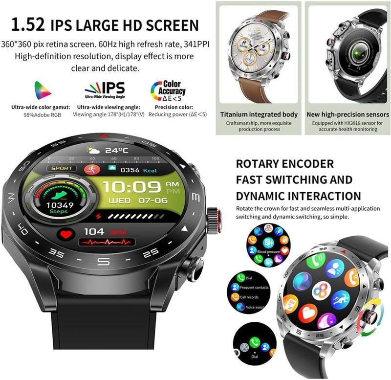 T95 Smart Watch with Earbuds for iPhone & Android - 1.52 Inch Round Bluetooth Call, Fitness Tracker, Long Standby, Music Watch (Black), Black Leather Strap + TPU Strap - Image 3