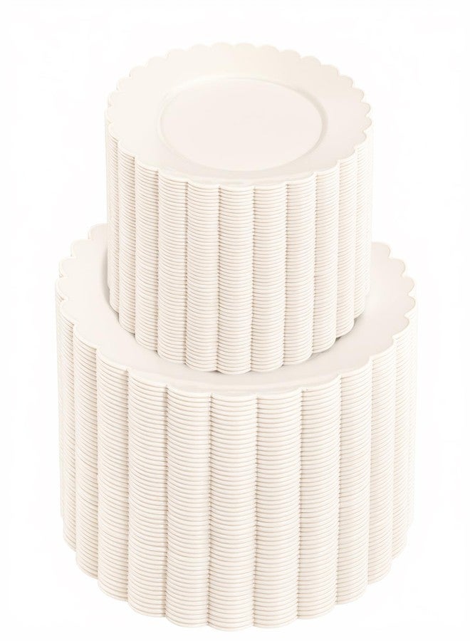 supernal 100pcs Ivory Plastic Plates Fancy Disposable Scalloped Plates for Party Heavy Duty for Party,Wedding,Brthdays Bridal Shower Plate Include 50 Plastic Dinner & Dessert Plate - Image 1